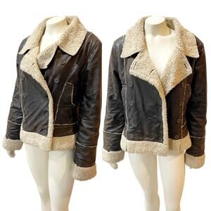 Denim Co Brown Faux Leather Shearling Aviator  Moto Jacket Size 10